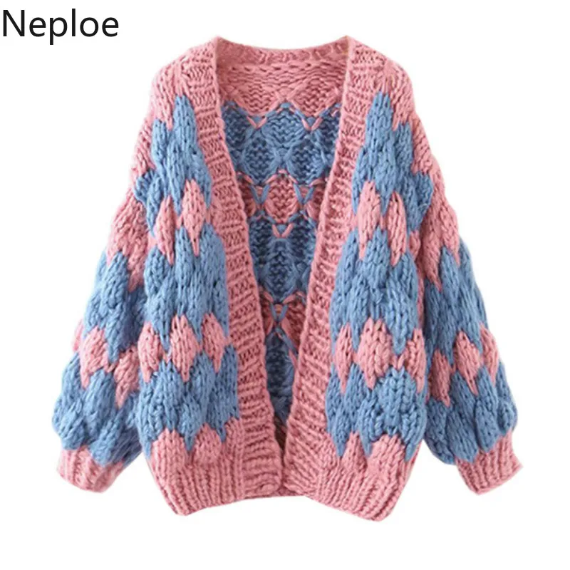 Neploe Contrast Color Patchwork Hand Knitted Twist Cardigans Sweater V Neck Lantern Long Sleeve Cross Design Pull Femme Coat