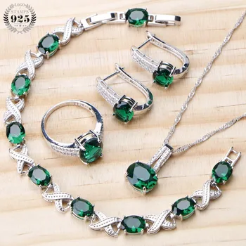 

Bridal Jewelry Sets For Women Wedding 925 Sterling Silver Jewelry Green Zircon Rings Bracelet Earrings Necklace Set Gifts Box