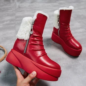 

Bottes femme snow boots women new winter shoes genuine leather sheep fur wedges increasing mid-calf boots women snow boots mujer