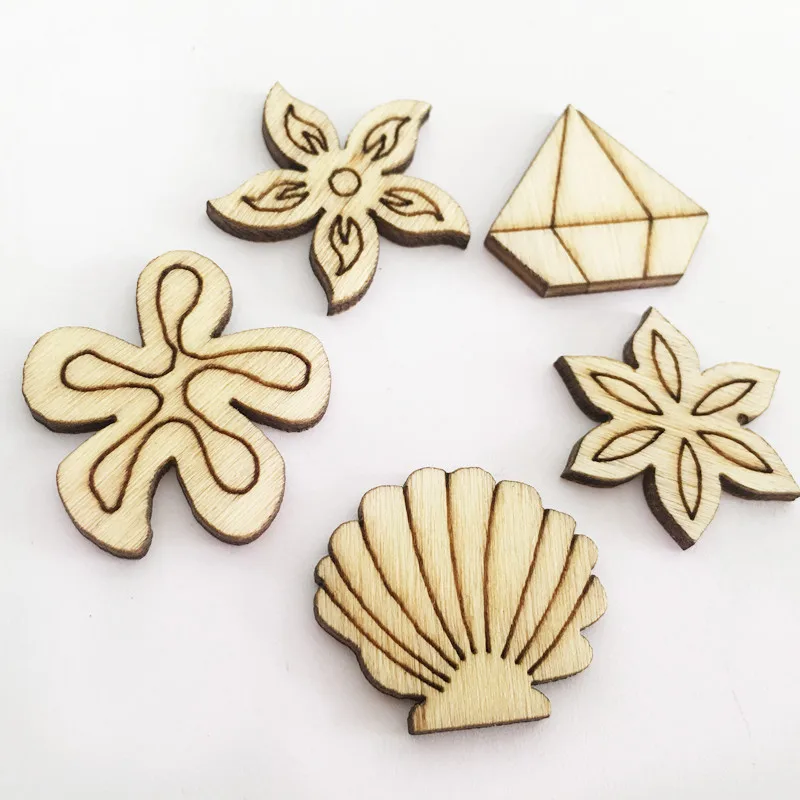 

50pcs Flower Wood Crafts Laser Cut Out Natural Wood Pieces Shell Diamond Patten Mix DIY Button Handmade Sewing Party Decoration