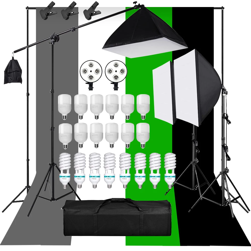 

Professional Photography Lighting Equipment Kit 135W 4 Socket Lamp Holder Cantilever Boom Arm Green Background Backdrop Cloth