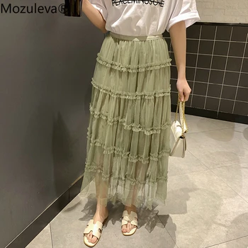 

Mozuleva 2020 High Waist Ruffle Women Midi Skir ts Luxury Lady Cake Mesh Tulle Skirt Elastic Maxi Holiday Beach Tutu Skirt femme
