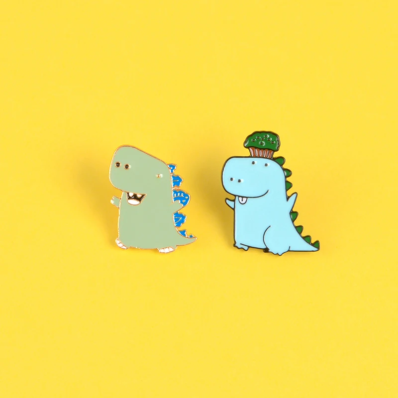 

Cute Cartoon dinosaur enamel pin Light blue green brooch badge Tree growing overhead Lapel pin Shirt bag jewelry gift for kids