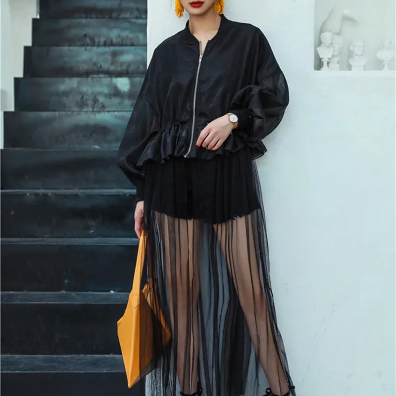 

Fashion 2019 Women Spring Summer Patchwork Hem Split Mesh Shirt Solid Casual Stand Collar Long Blouse Loose Lantern Sleeve Top
