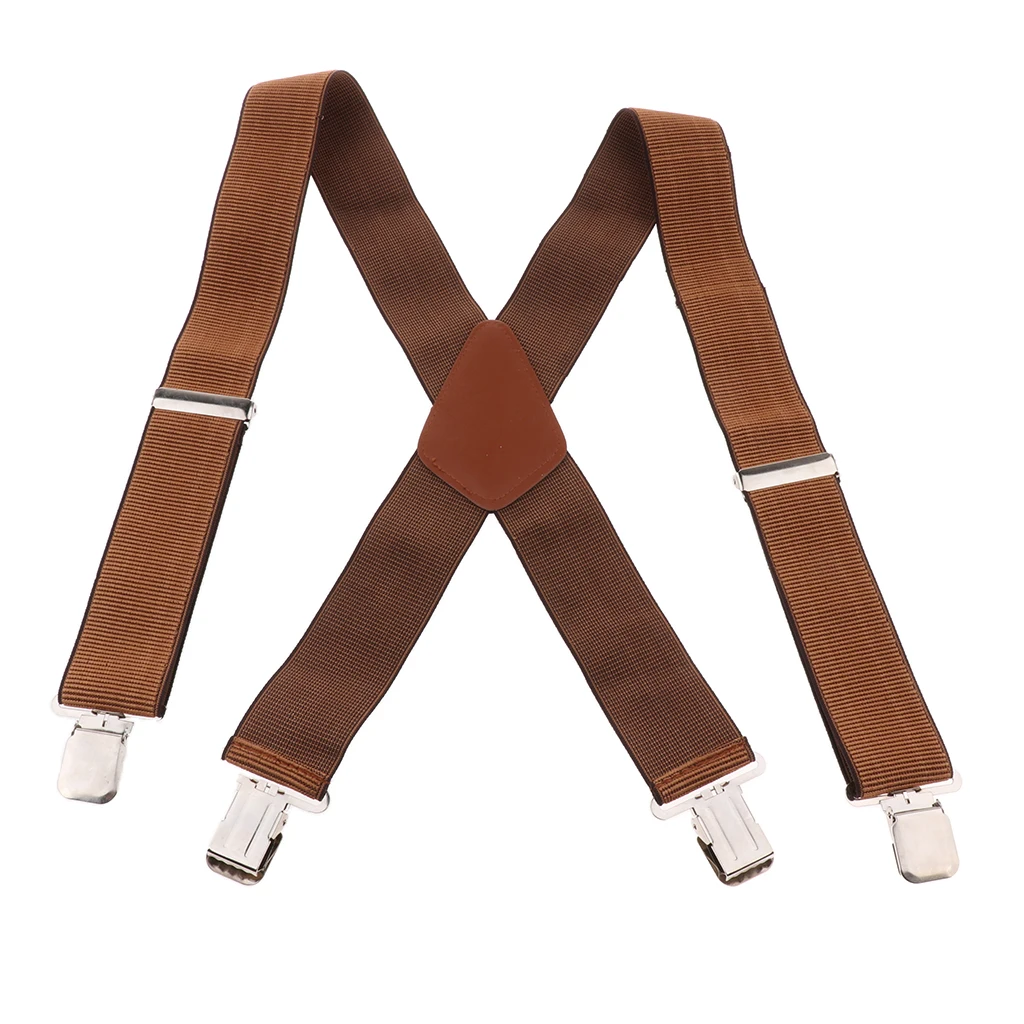 Mens Suspenders X Style with Strong Clips, Adjustable One Size Fits All Heavy Duty Braces Brown