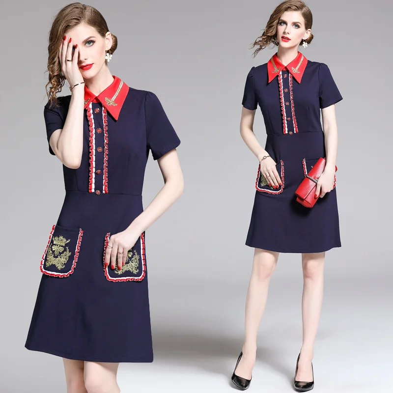 

2019 Summer New Style WOMEN'S Dress Waist Hugging Slimming Fashion Gold Embroidered Bees Mixed Colors Fold-down Collar Dress-