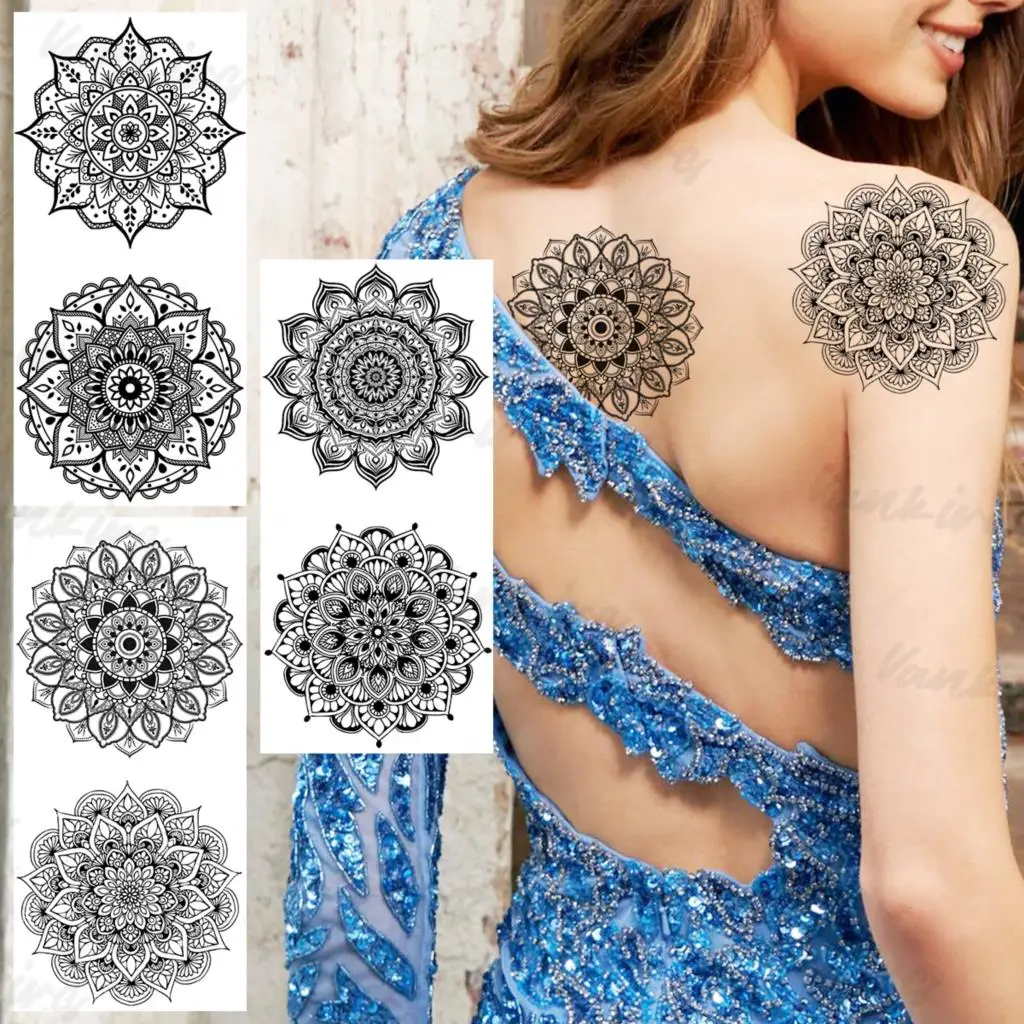 

Black Big Mandala Temporary Tattoos For Women Adults Realistic Henna Flower Waterproof Fake Tattoo Sticker Sexy Back Body Tatoos