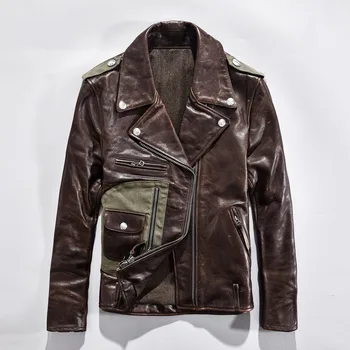 

2020 men's vintage genuine rivet Diagonal zipper slim fit ltaly leather coat men patchwork moto biker jacket male