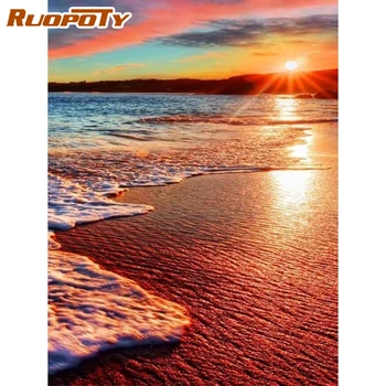 

RUOPOTY Frame Diy Painting By Numbers Sunset Seaside Landscape Coloring By Numbers Acrylic Canvas Painting Handpainted Artwork
