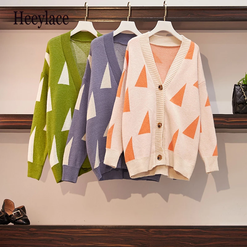 

5XL plus size triangle geometric pattern sweet korean v neck cardigan sweater autumn winter knitted loose outwear warm tops