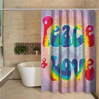 

Groovy 3D Printed Shower Curtain Peace and Love Text in Tie Dye Pattern Energetic Youthful Fun 60s 70s Hippie Design Hotel