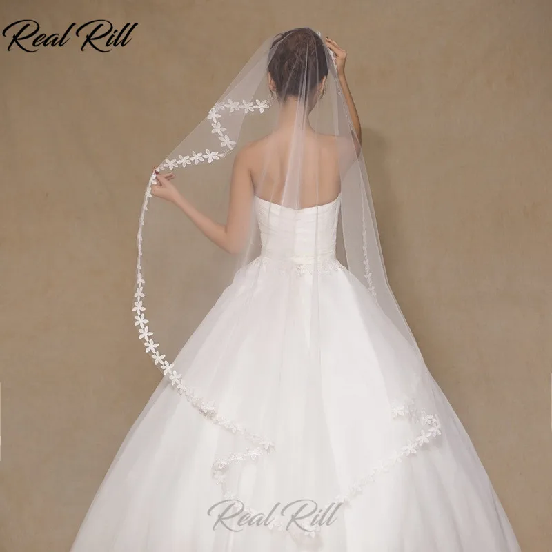 Настоящий Rill белый мягкий тюль Элегантная короткая свадебная вуаль по колено аппликация свадебная фата