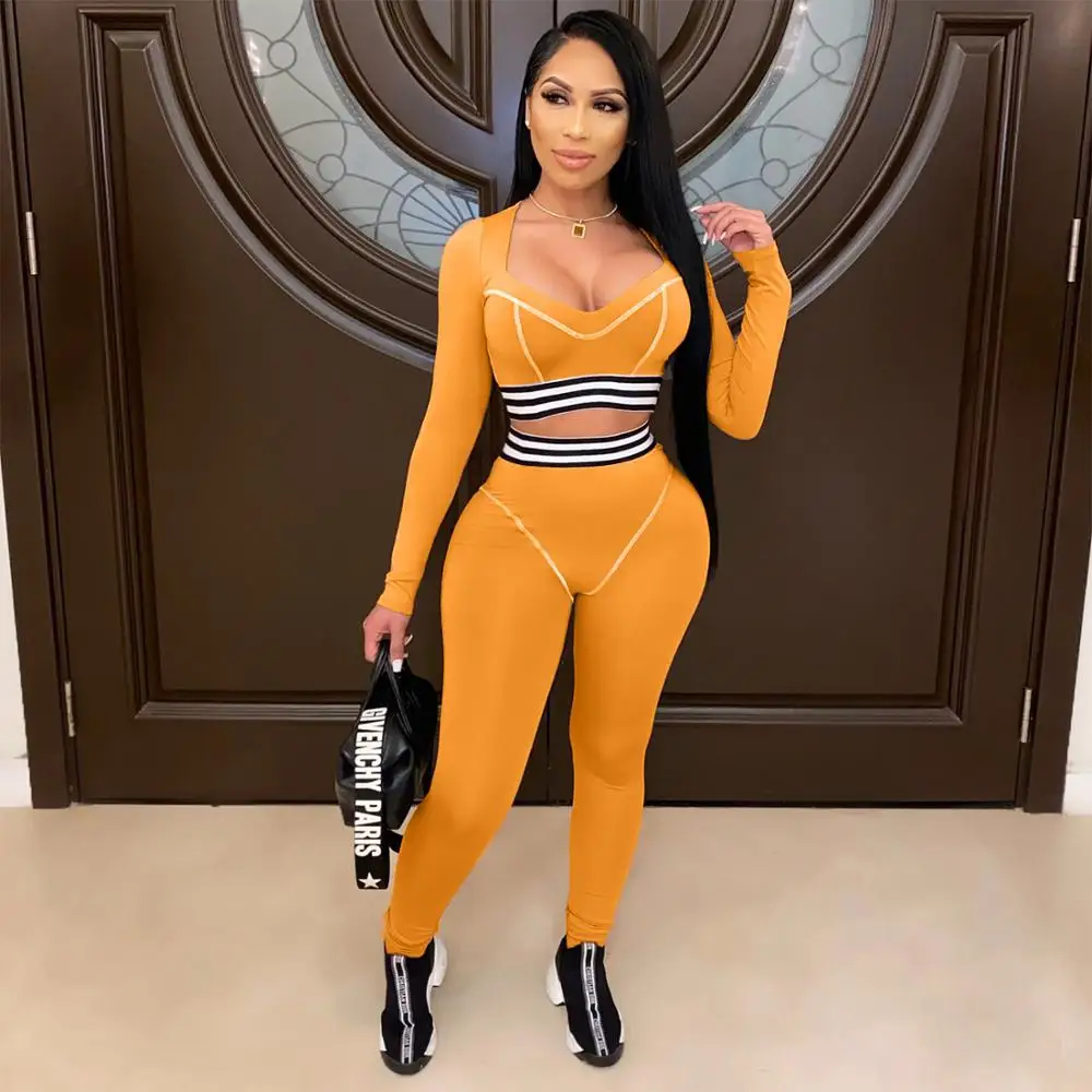 

Fall New Sportswear Striped Splicing Sweatsuit Womens Set Long Sleeve Crop Tops And Jogger Pants Tracksuit Two Piece Set Fitness