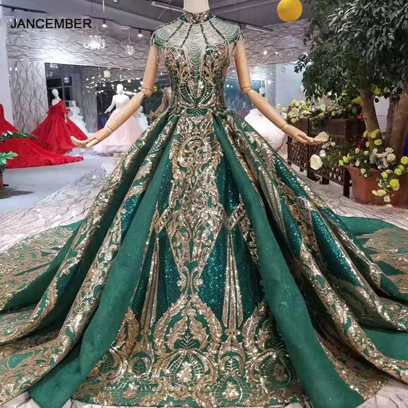 LS11093 Luxury Green Evening Dresses Ladies High Neck Cap Sleeves Crystal Party Dress With Golden Lace Dubai Style Real Photos