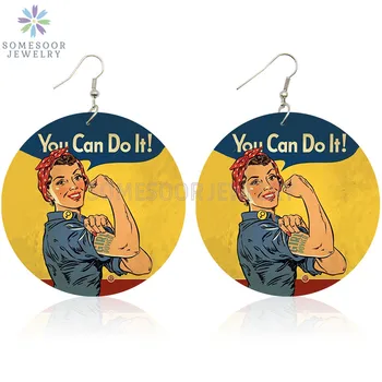 

SOMESOOR Black Woman Strength Power Fist Art Wooden Drop Earrings Both Sides Printed Afro Wood Dangle Jewelry For Women Gifts