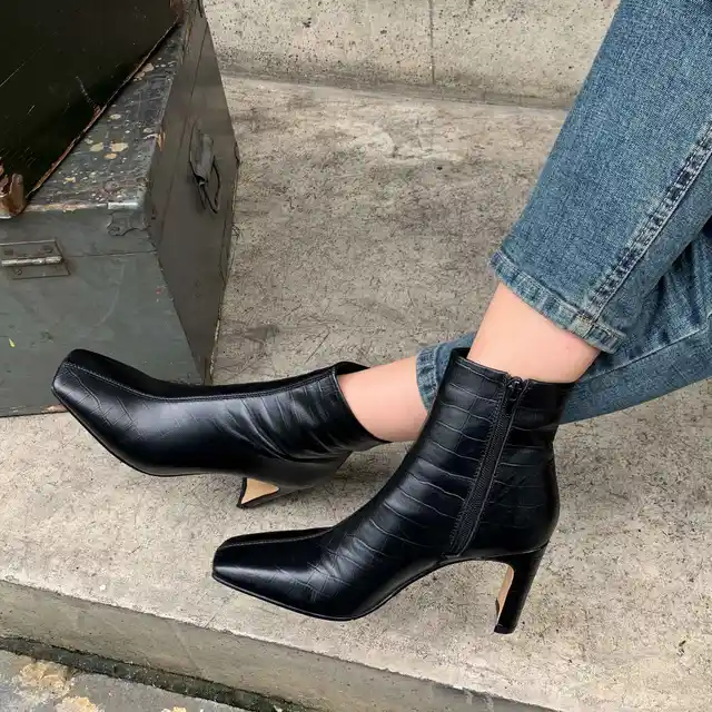 Krazing pot Chelsea boots real leather stone pattern high street fashion square toe thick high heel zip gorgeous ankle boots L61 black stone pattern