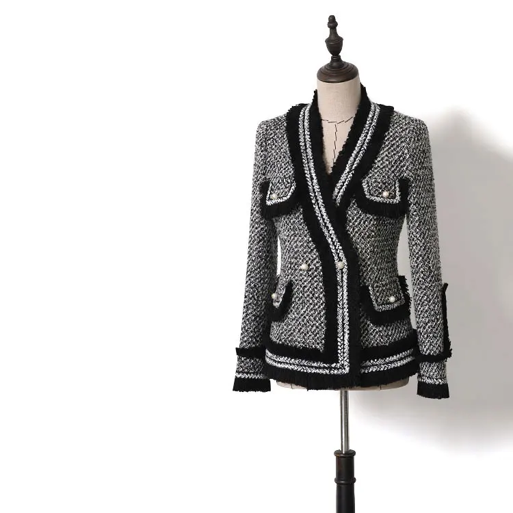 

Baroque Designer Career Blazer Patchwork Women Contrast Color Tweed Jacket Tweed V Neck Pearl Buttons Tassel Blazer