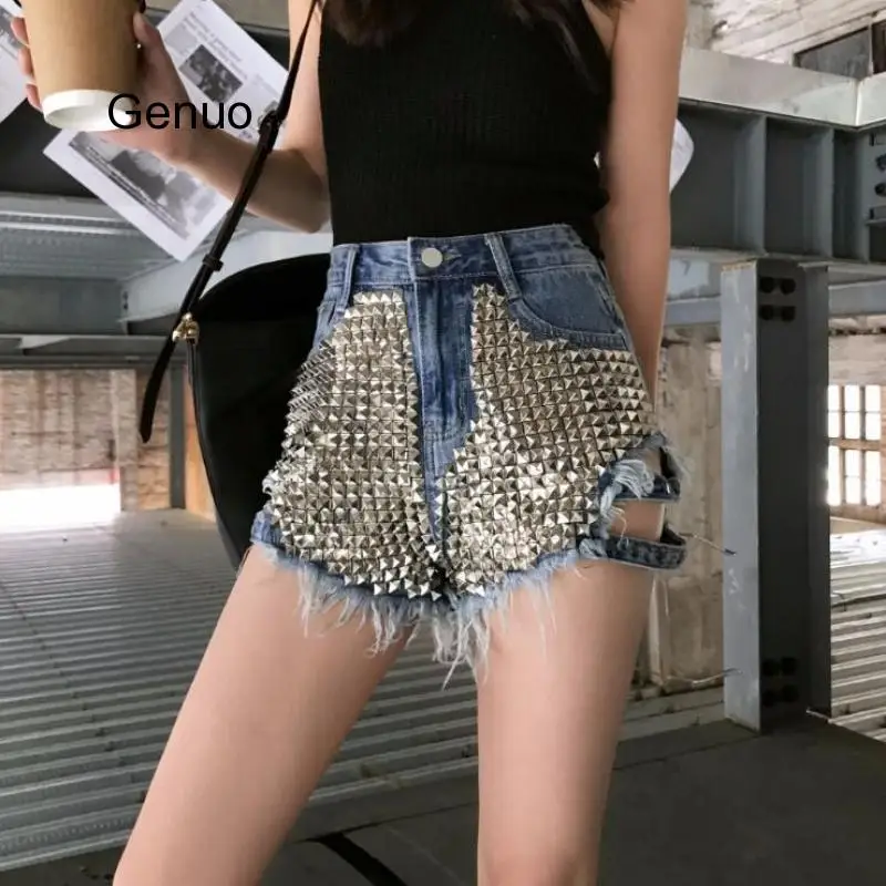 High Waist Denim Shorts Women Street Style Punk Rivet Holes Ripped Black Jeans Shorts Female Pockets Hot Shorts Summer