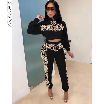 

ZKYZWX Leopard Splice Two Piece Set Tracksuit Fall Winter Crop Top+Pants Sweat Suit 2 Piece Outfits for Women Matching Sets