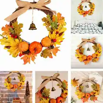 

Artificial Leaves Wreath Autumn Pumpkin Berry Maple Leaf Bell Fall Door Wall Wreath Ornament Wreath Halloween Party Decor