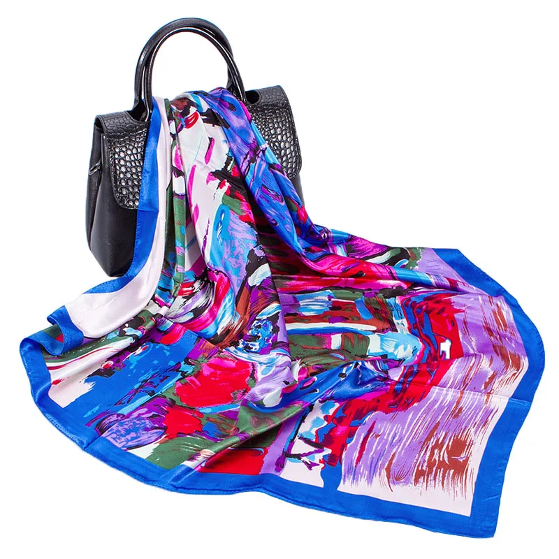 

Women Vintage Square Scarf Bandana Muslim Hijab Oil Painting Building Print Shawl Stole Imitate Silk Scarves 90*90cm
