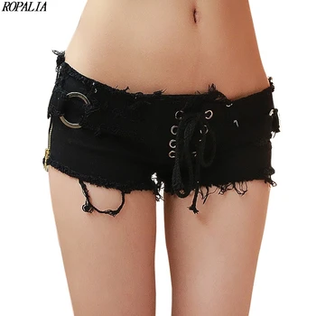 

2019 Women Personality Sexy Club Low Waist Denim Shorts Hole Solid Slim Denim Drawstring Skinny Shorts