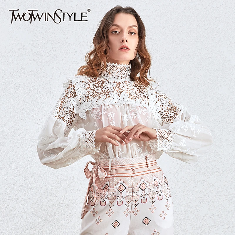 TWOTWINSTYLE Лоскутные женские рубашки со стоячим воротником и длинным рукавом, модные женские рубашки осень, Новинка
