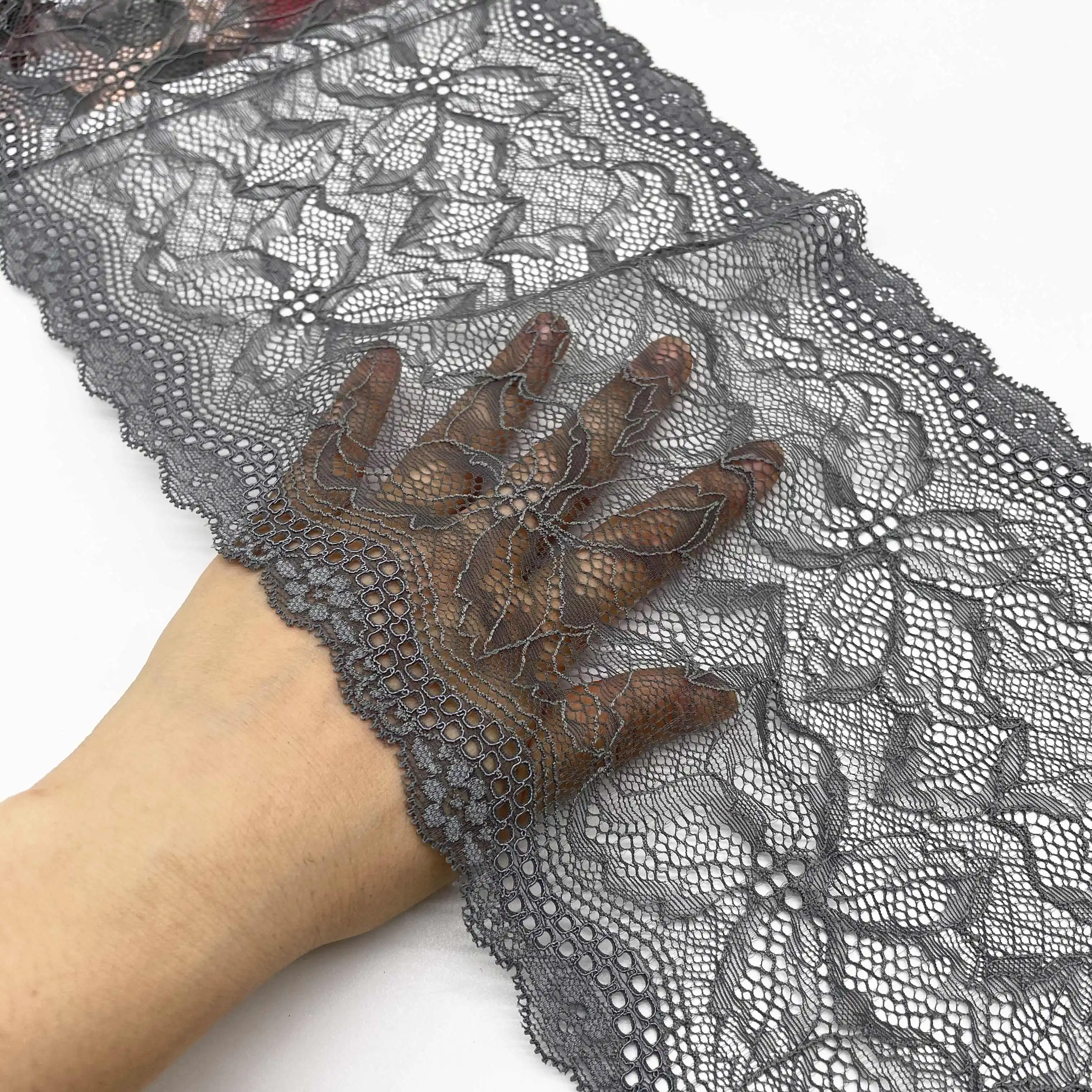 3y/lot Width 7 1/2 inch (19cm) Grey Elastic Stretch Lace Trim 3
