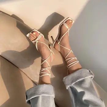 

Elegant Women Sandals Square Open Toe Sandals Thin High Heels Sandals Pumps Dress Shoes Cross Ankle Strap Lace Up Sandals Pumps