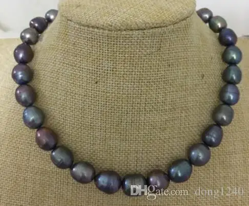 

Stunning 12-13mm tahitian black baroque green pearl necklace 18 inches 925 silver