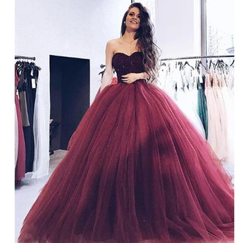 

Burgundy Muslim Evening Dresses Ball Gown Sweetheart Tulle Beaded Islamic Dubai Saudi Arabia Long Formal Evening Gown Prom