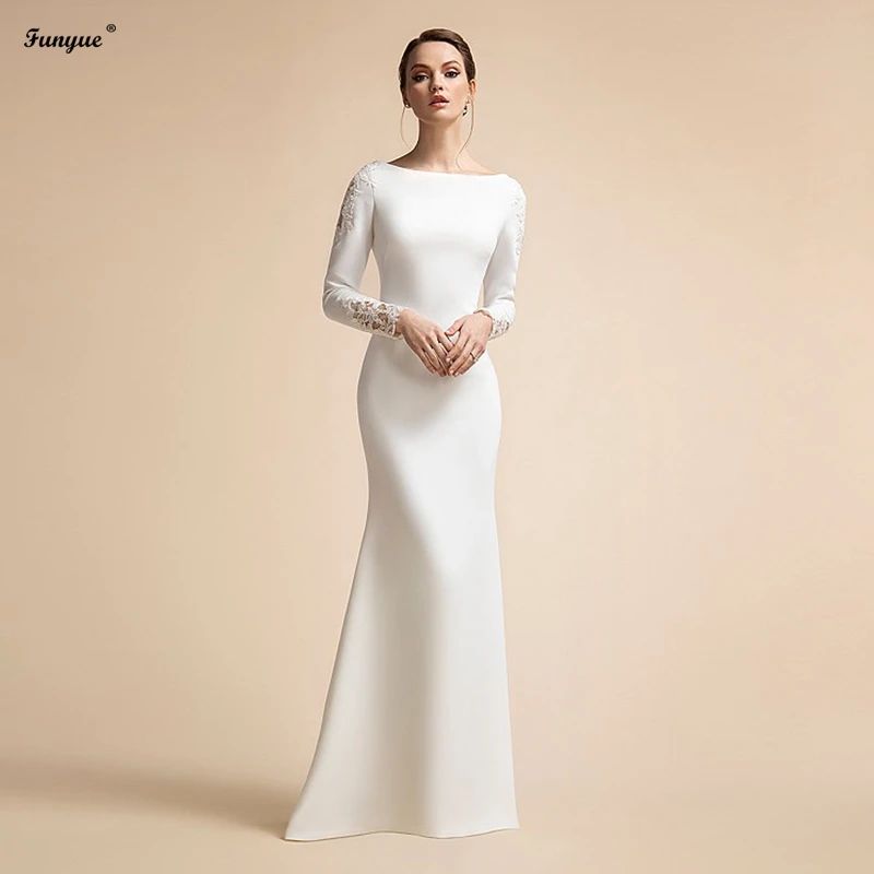 Elegant Simple Mermaid Wedding Dresses Long Sleeves Ivory Muslim Bridal Gowns for Bride Satin Lace Vestidos De Novia 2021 long sleeve wedding dresses