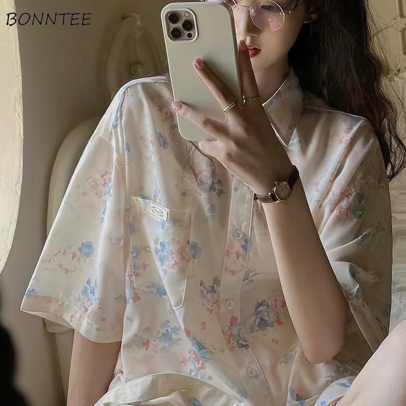 

Shirts Women Summer Elegant Floral Printing Sweet Fashion Vintage Holiday Korean Casual All-match Breathable Chiffon Female Tops