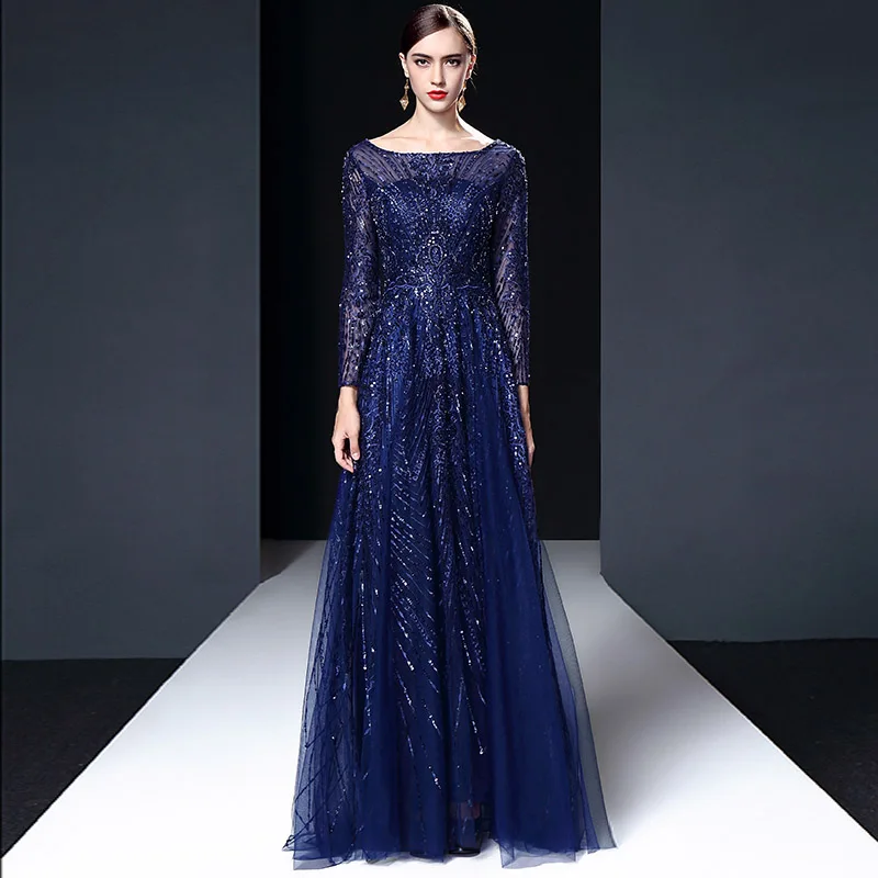 Robe De Soiree, длинные рукава, темно-синие вечерние платья, с блестками, с ручной отделкой бисером, элегантное вечернее платье с v-образным вырезом на спине, длинное
