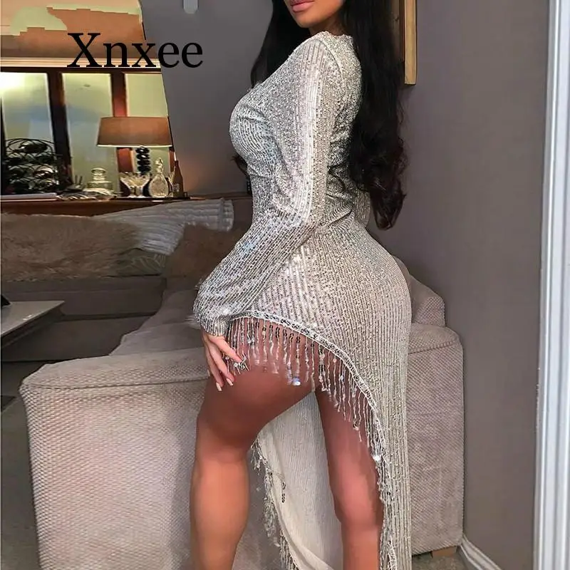 

Women Sexy Sparkling Party Dress Tassel Sequin Glittering Dress Deep V Long Sleeve Side Slit Sexy Asymmetrical Dress Female