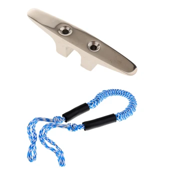 

316 Stainless Steel 4.5-inch Open Base Cleat & Blue Adjustable Bungee Cord 3.5ft for Marine Boat Canoe Kayak Deck Mount