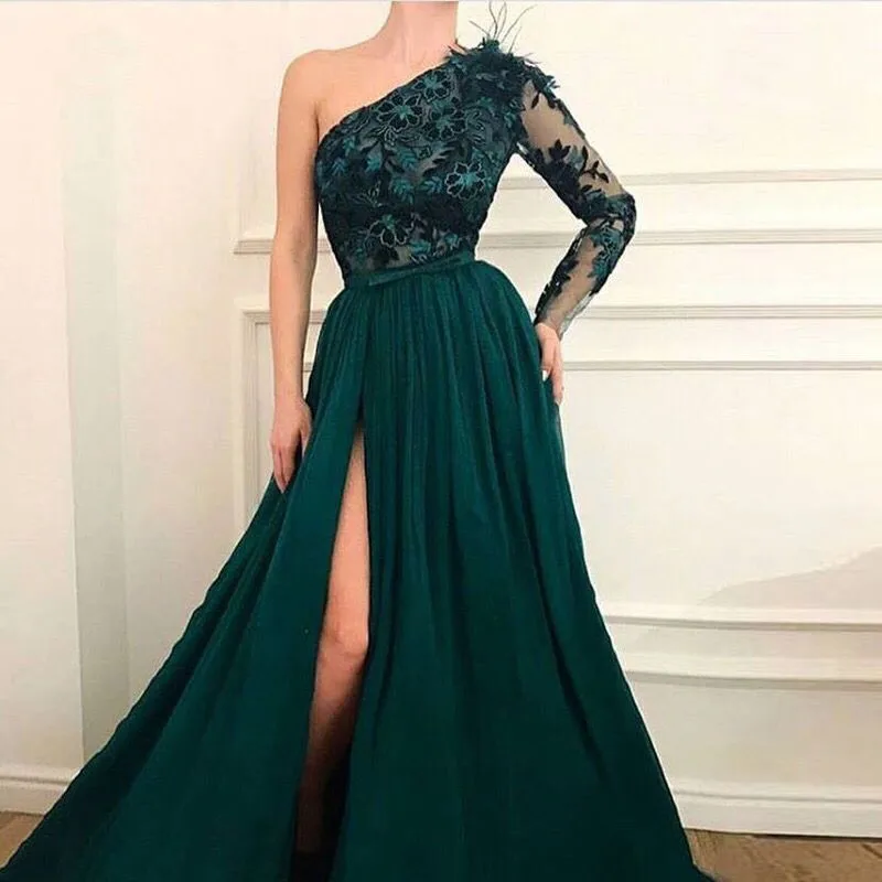 Green Long Sleeve A Line Prom Dresses 2019 New One Shoulder Applique Split Side Sweep Strain Formal Evening Dress Party Gowns | Свадьбы и