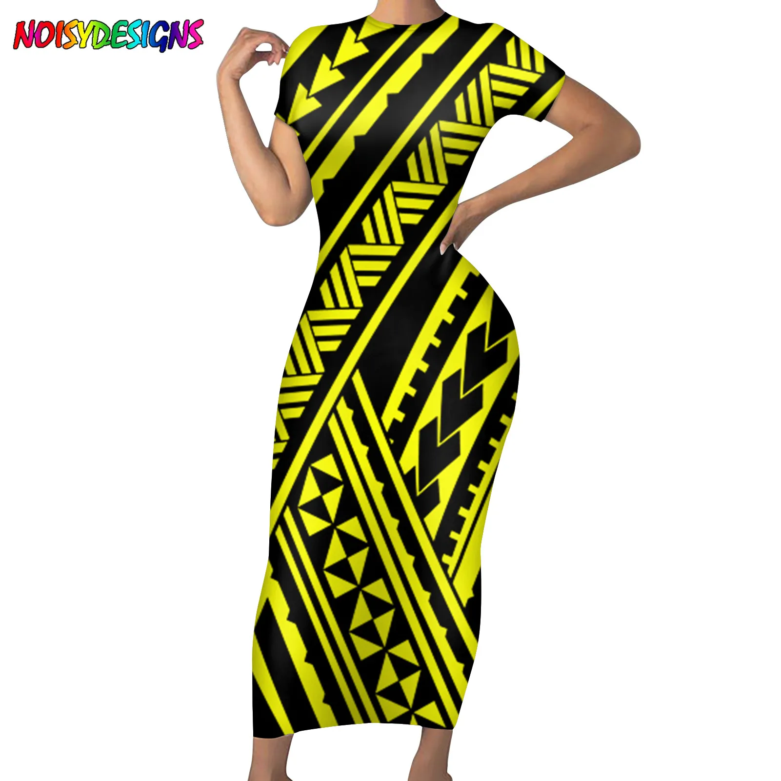 

NOISYDESIGNS New Women Pencil Dress Summer Short Sleeve Elegant Lady Bodycon Dress Polynesian Style Tribal Tattoo Dresses Vestio