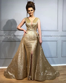 

Long Gold Evening Dresses 2020 New Arrival V-neck Sequined Mermaid Tassel Detachable Train Arabic Dubai Formal Gowns