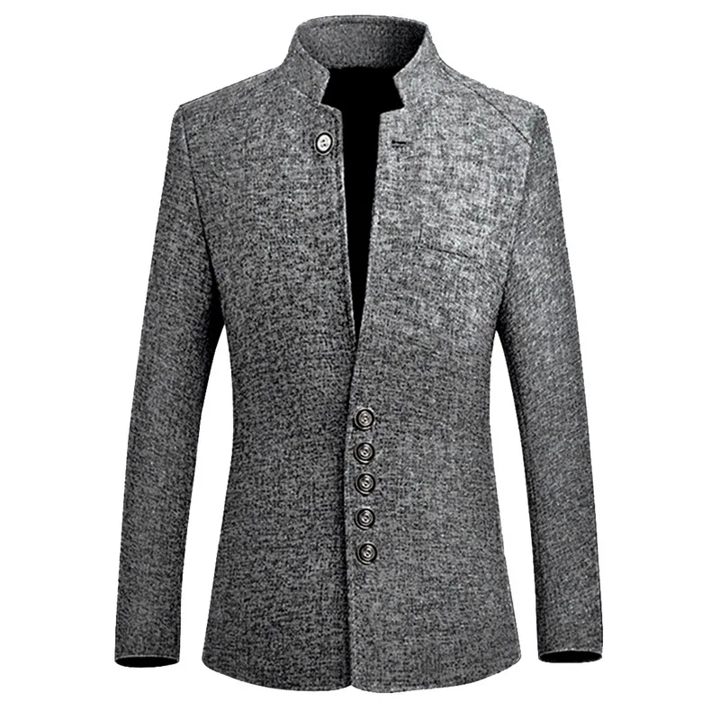 Весенний брендовый Винтажный Мужской Блейзер в китайском стиле, деловые Осенние повседневные пальто со стоячим воротником, Мужской Блейзер, приталенный пиджак, уличная одежда - Цвет: gray