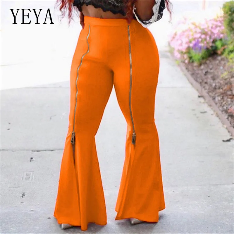 

YEYA Zipper Up High Split Women Wide Leg Flare Pants Leggings High Waist Bell Bottom Trousers Casual Streetwear Plus Size S-3XL