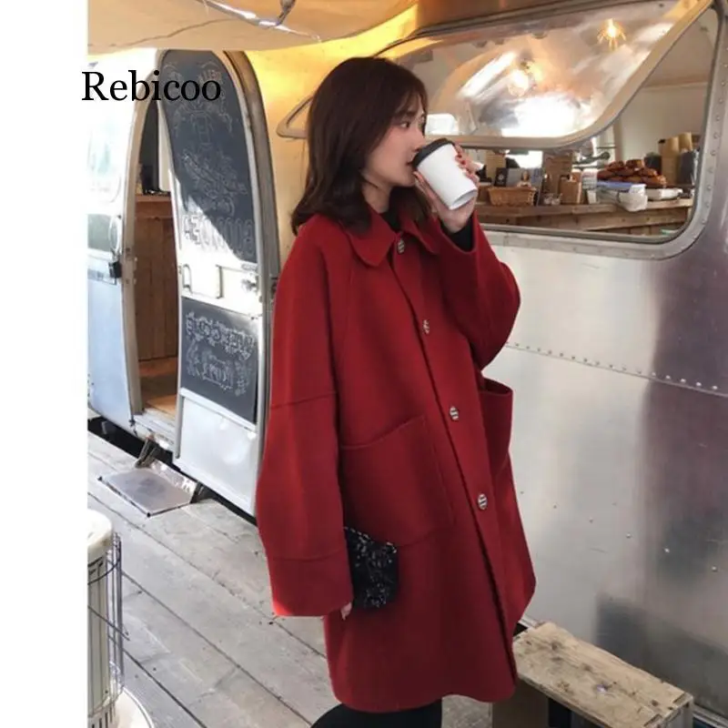 Пальто женское зимнее Новое корейское пальто Свободное повседневное толстое черное шерстяное пальто женское длинное пальто больших размеров
