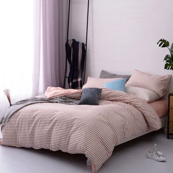 

100% Washed Cotton 4 Pieces Elegant Simple Bedroom Soft dark Blue Plaid duvet Cover set Queen King size 1.5m bed fitted sheet