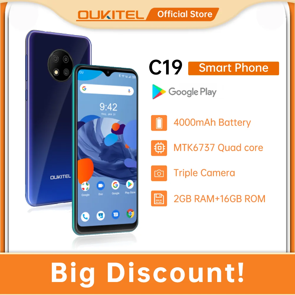 OUKITEL C19 LET 4G Smartphone 2GB +16GB Ouad Core 4000mAh Mobile Phone 6.49'' HD+ MTK6737 13PM Android10 | Мобильные