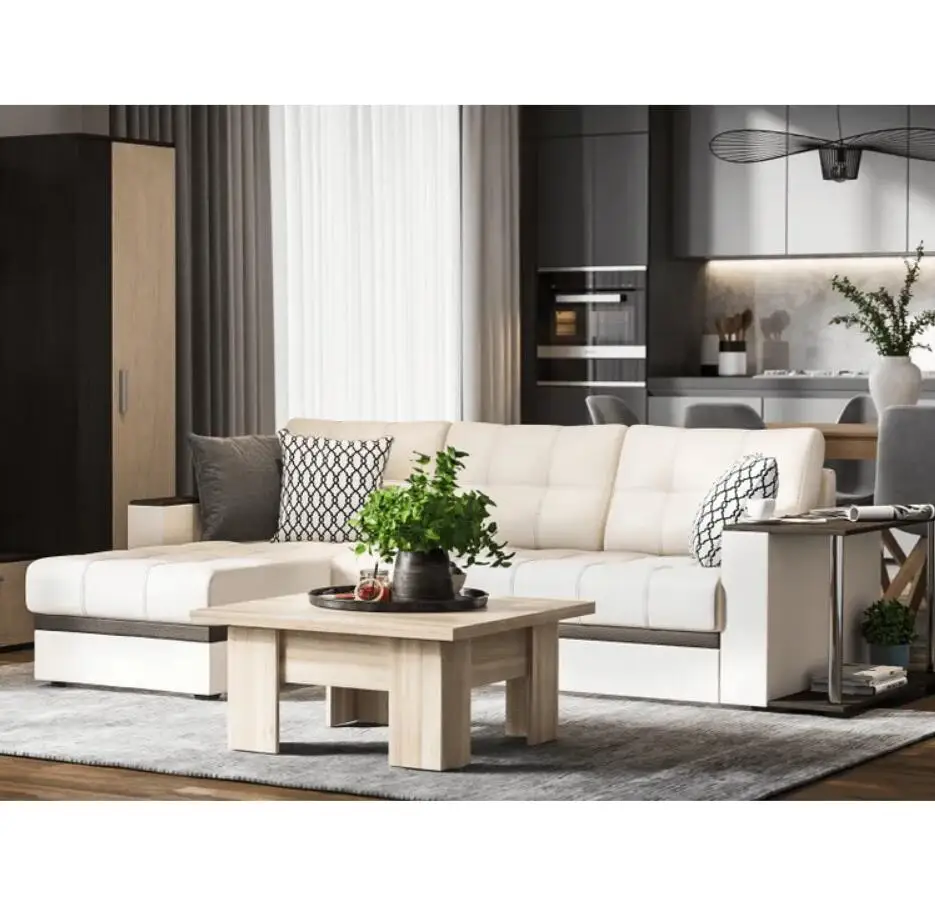 Corner sofa L-shaped bed Foldable living room White ecological leather modern style 255x160x86 cm | Мебель