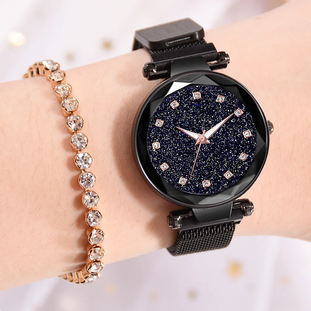 Женские часы, браслет, набор,, Роскошные, с бриллиантами, розовое золото, женские наручные часы, магнитные, звездное небо, часы, женские, водонепроницаемые часы