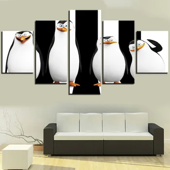 Pósteres de lienzo de 5 piezas de pingüinos, pintura de Arte Simple en blanco y negro, papel tapiz de película de objetos animad