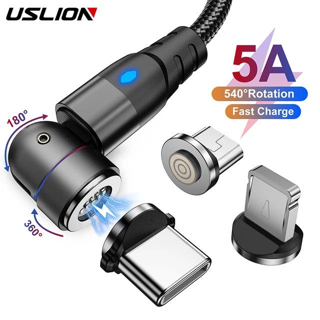 USLION 540 Rotate 5A Magnetic Cable Fast Charging For Mobile Phone Magnet Charger Wire Cord Micro Type C Cable For iPhone Xiaomi 1