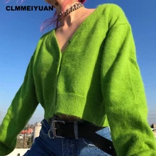 Элегантный осенний зеленый Повседневный вязаный короткий кардиган, женский свитер с v-образным вырезом и длинным рукавом, джемпер, зимние свободные топы для женщин