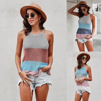 

Striped Contrast Europe and United States Vest Female Summer New Fringe Contrast Gua Bo round Neck sleeveless Knitted Top Female